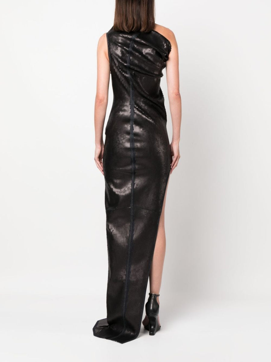 Rick Owens Embroidered Denim Long Dress With Sequin Embellishments And Sculptural Draping For Women