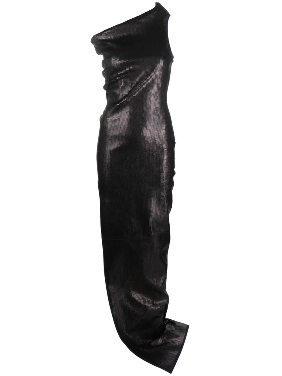Rick Owens Embroidered Denim Long Dress With Sequin Embellishments And Sculptural Draping For Women
