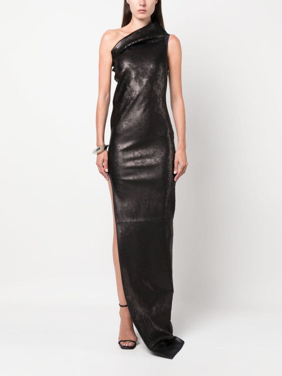 Rick Owens Embroidered Denim Long Dress With Sequin Embellishments And Sculptural Draping For Women
