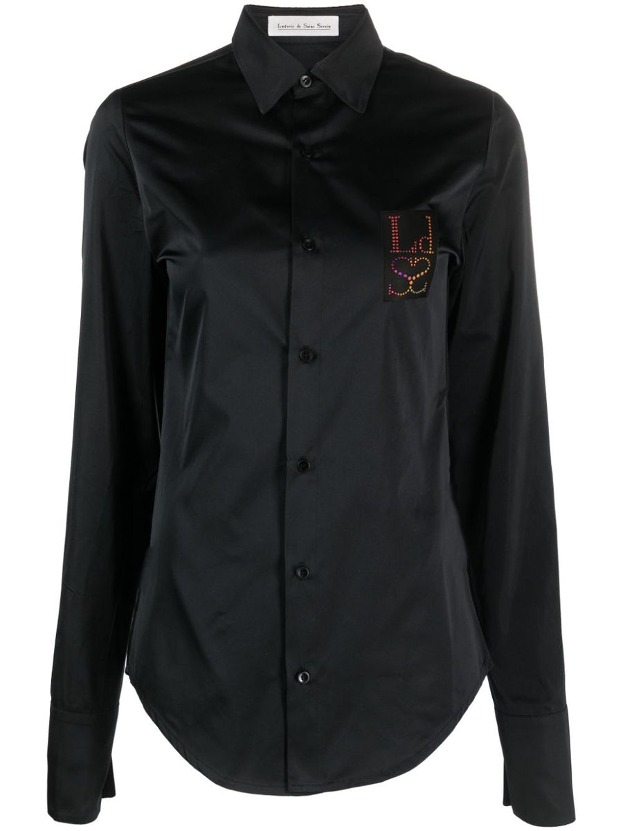 Ludovic De Saint Sernin Satin Logo Patch Shirt With Rhinestones For Modern Women Tailored Luxury