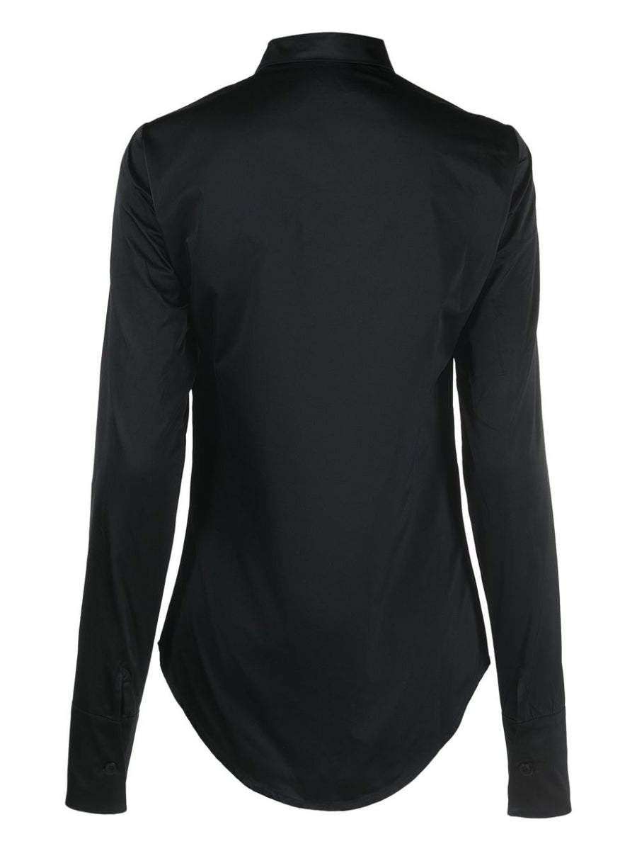Ludovic De Saint Sernin Satin Logo Patch Shirt With Rhinestones For Modern Women Tailored Luxury