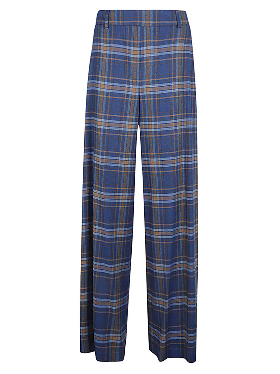 Niu Wide Leg Checked Trousers For Women In Blue Painterly Motif Modern Everyday Essential