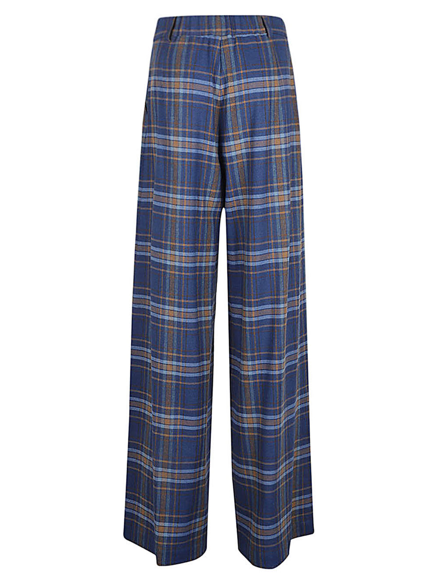 Niu Wide Leg Checked Trousers For Women In Blue Painterly Motif Modern Everyday Essential