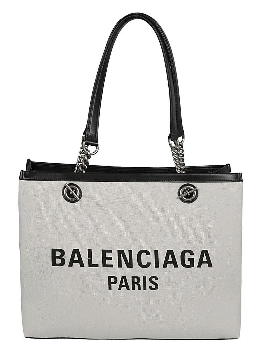 Balenciaga Logo Print Canvas Tote Bag For Women Premium Everyday Shopper With Calfskin Trim