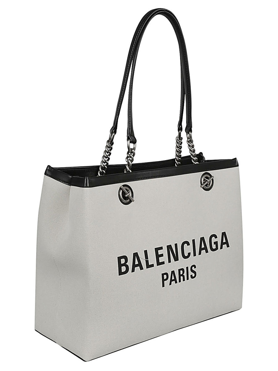 Balenciaga Logo Print Canvas Tote Bag For Women Premium Everyday Shopper With Calfskin Trim
