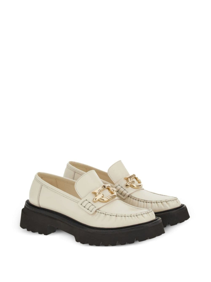 Ferragamo Gancini Plaque Leather Loafers Ivory White Calfskin Slip On For Women Timeless Luxury