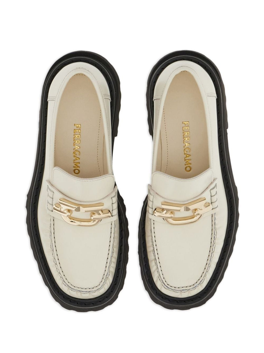 Ferragamo Gancini Plaque Leather Loafers Ivory White Calfskin Slip On For Women Timeless Luxury