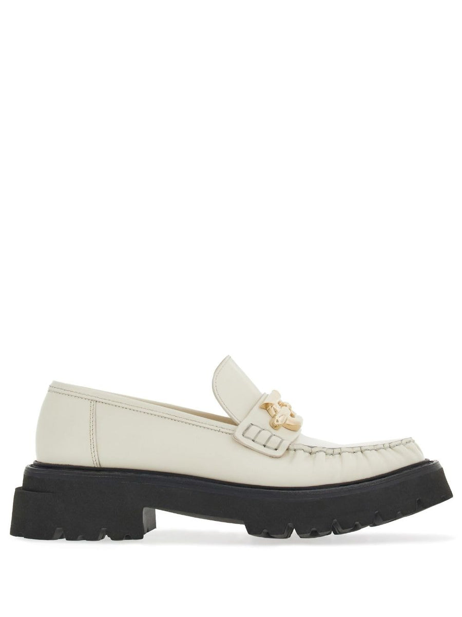 Ferragamo Gancini Plaque Leather Loafers Ivory White Calfskin Slip On For Women Timeless Luxury