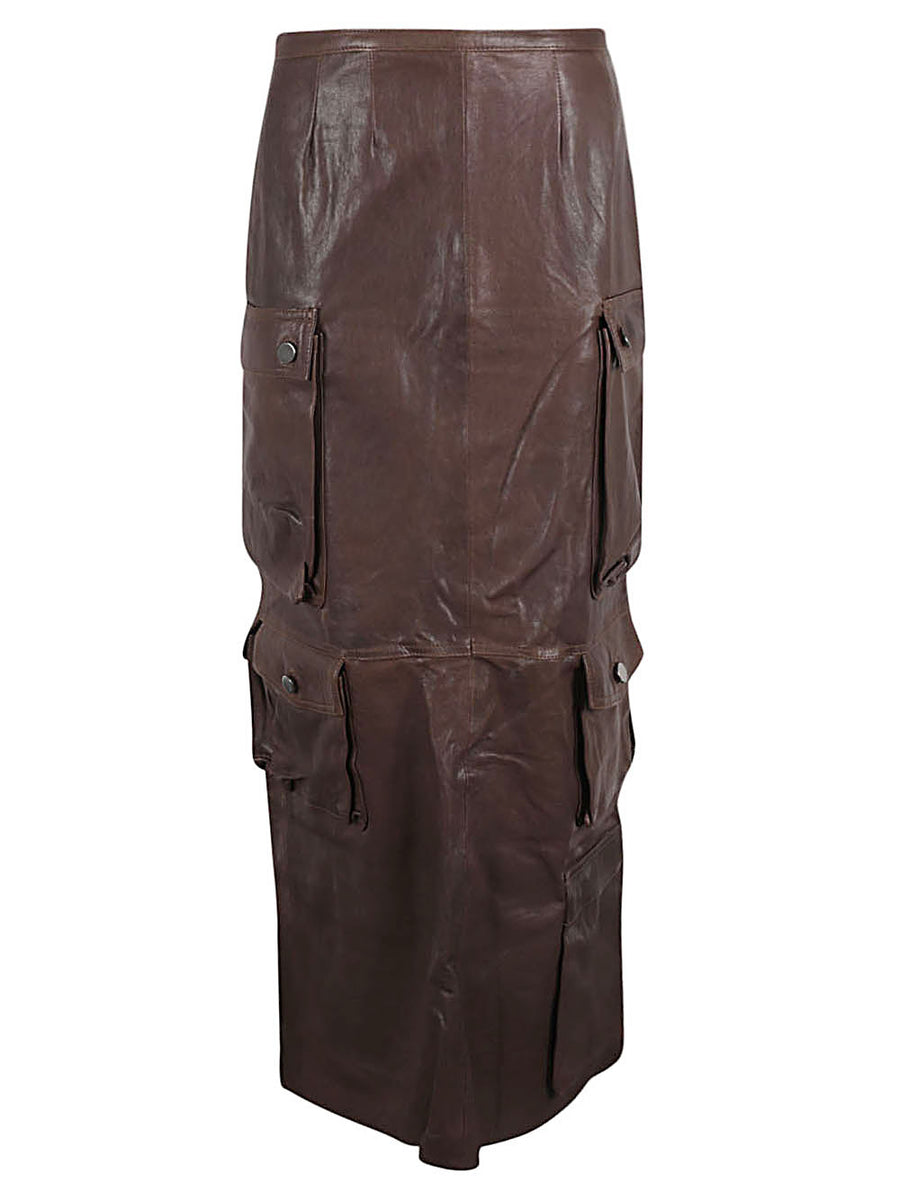 Fermas.Club Leather Cargo Long Skirt With Silk Lining For Women Brown Cargo Pockets Zip Closure