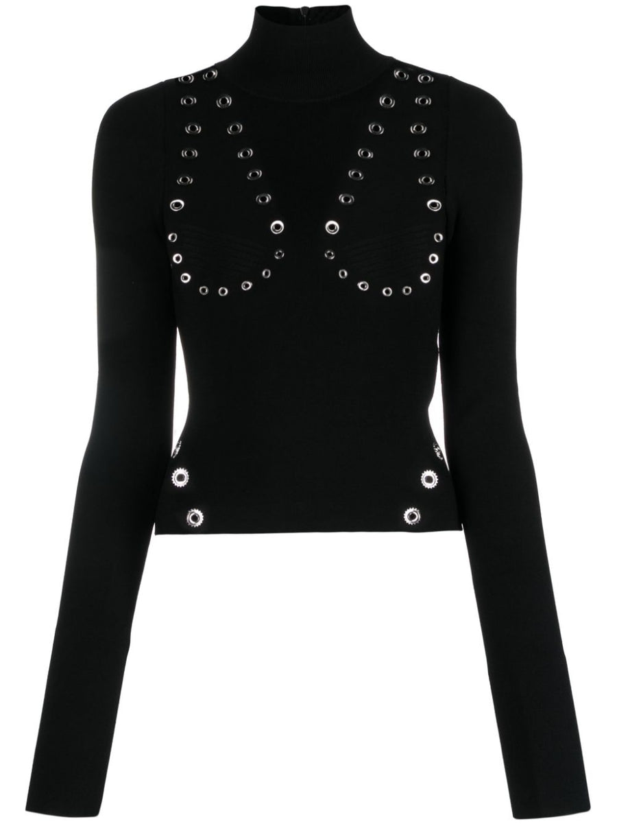 Off White High Neck Viscose Knit Top For Women With Eyelet Embellishments And Luxe Detailing