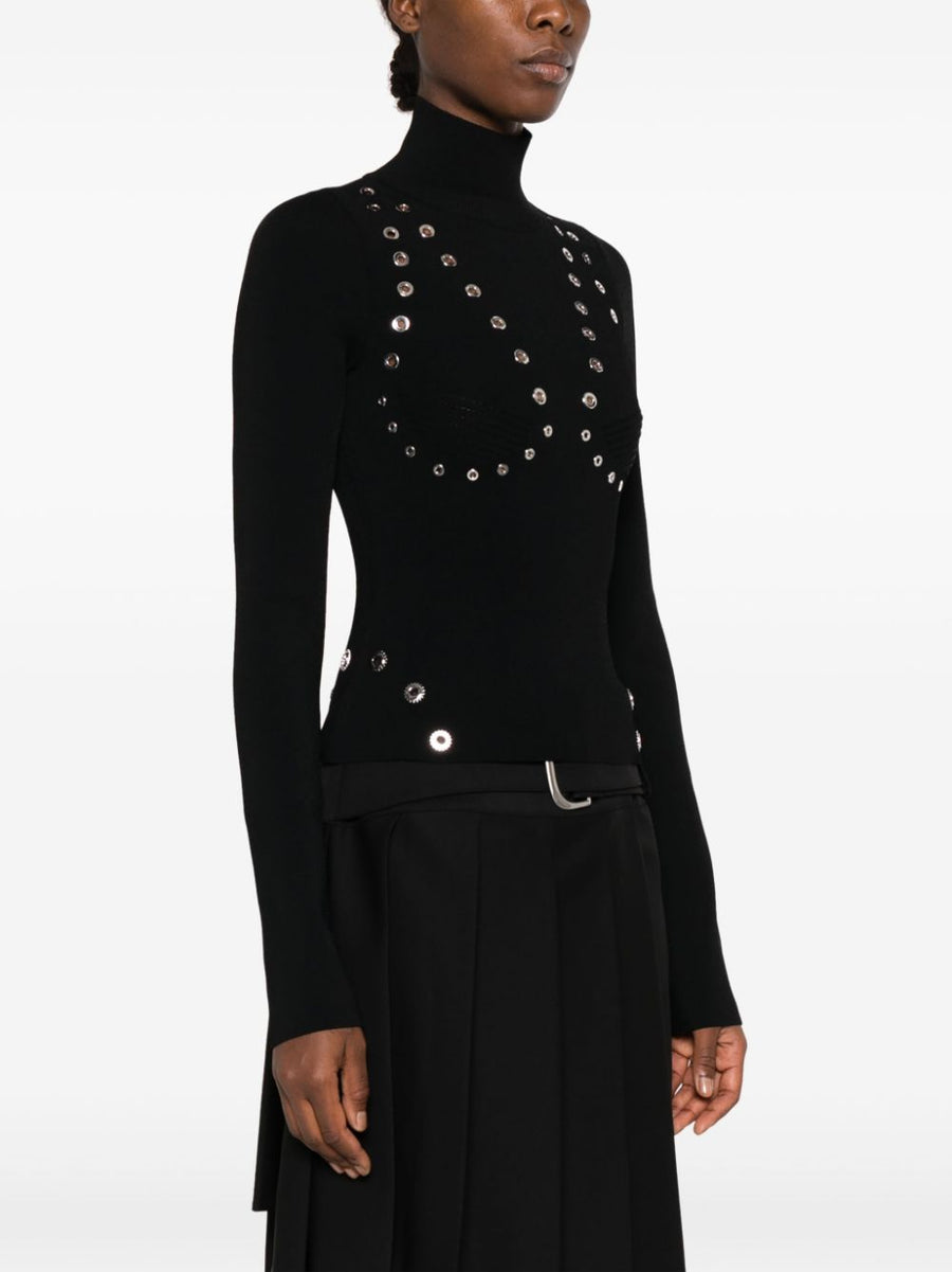 Off White High Neck Viscose Knit Top For Women With Eyelet Embellishments And Luxe Detailing