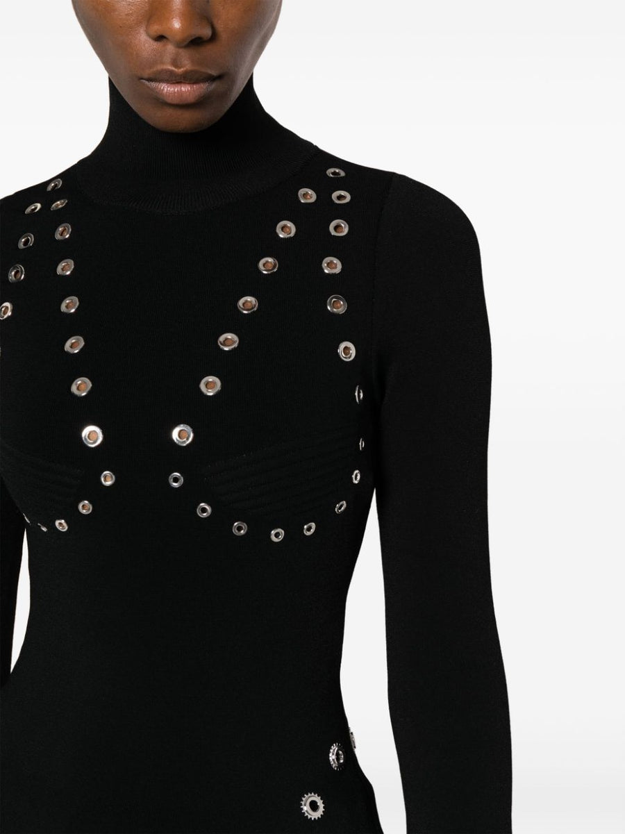 Off White High Neck Viscose Knit Top For Women With Eyelet Embellishments And Luxe Detailing