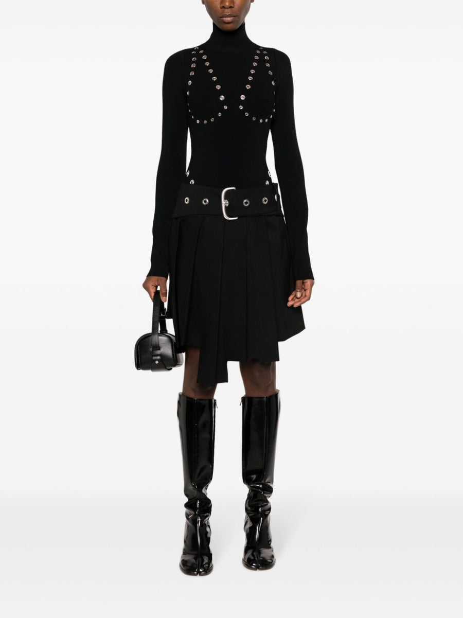 Off White High Neck Viscose Knit Top For Women With Eyelet Embellishments And Luxe Detailing