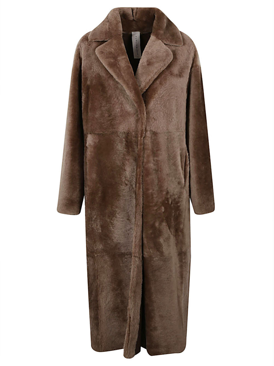 Furling By Giani Luxurious Camel Lambskin Jacket For Women V Neck Longline With Back Slit And Hidden Pockets