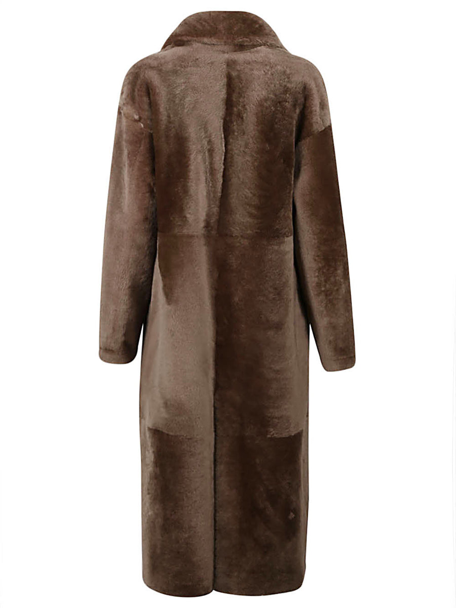 Furling By Giani Luxurious Camel Lambskin Jacket For Women V Neck Longline With Back Slit And Hidden Pockets