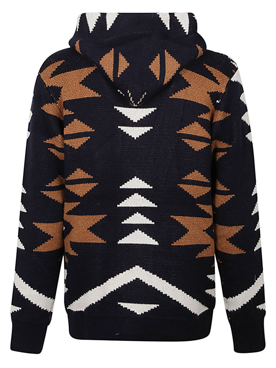 Tooco Ethnic Print Cardigan Blue Jacquard Knit For Men With Cashmere Wool Blend
