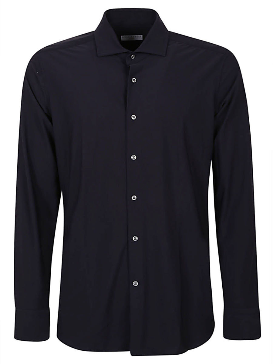 Sonrisa Black Long Sleeve Shirt For Men With Structured High Collar And Premium Stretch