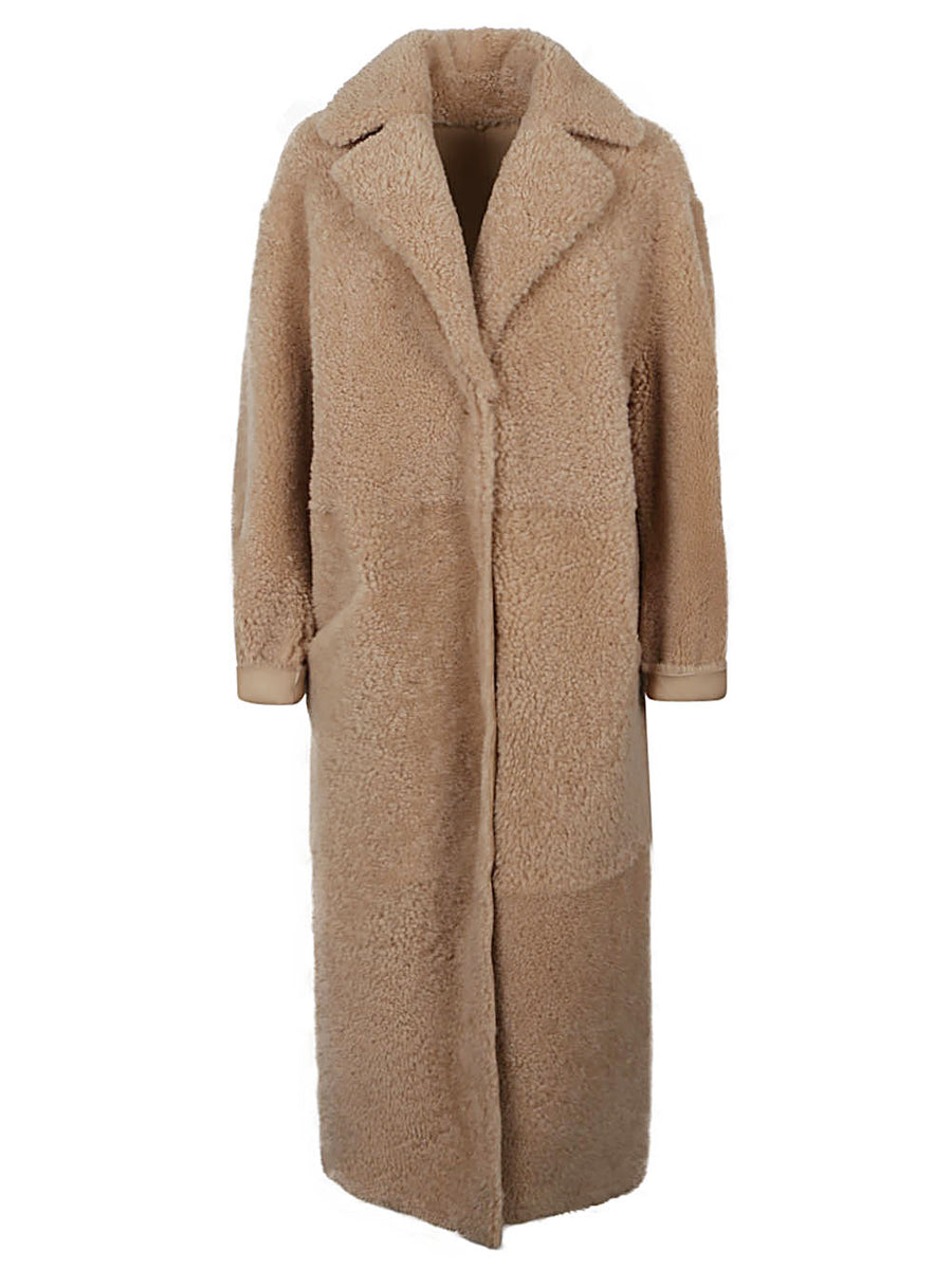 Enes Allegra Beige Leather Long Coat For Women, Full Length Luxury Outerwear With Hidden Pockets