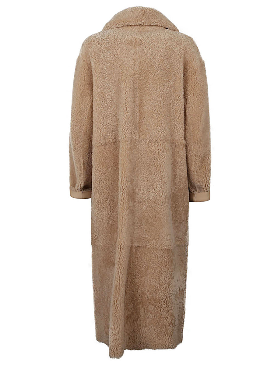 Enes Allegra Beige Leather Long Coat For Women, Full Length Luxury Outerwear With Hidden Pockets