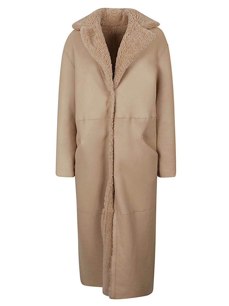 Enes Allegra Beige Leather Long Coat For Women, Full Length Luxury Outerwear With Hidden Pockets
