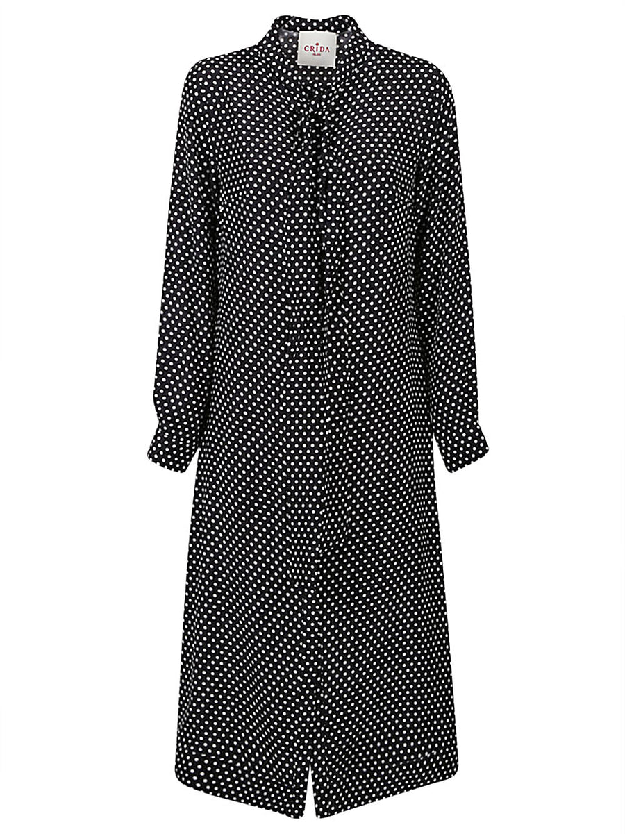 Crida Polka Dot Silk Midi Dress For Women With Hidden Pockets And Button Front And Elegant Neck Detail