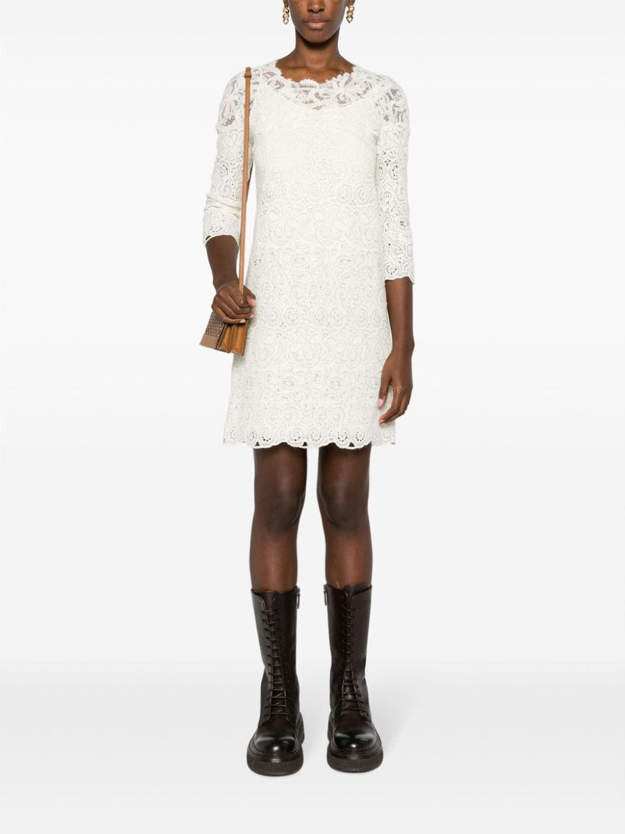 Ermanno Scervino Wool Blend Short Dress With Chalk White Guipure Lace For Women Luxury Evening Wear