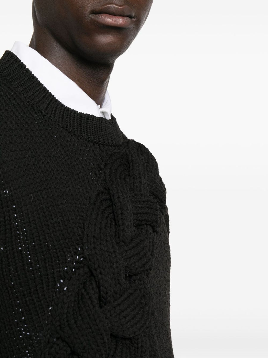 Homme Plus Cable Knit Crewneck Sweater For Men With Luxurious Chunky Texture And Relaxed Fit Black