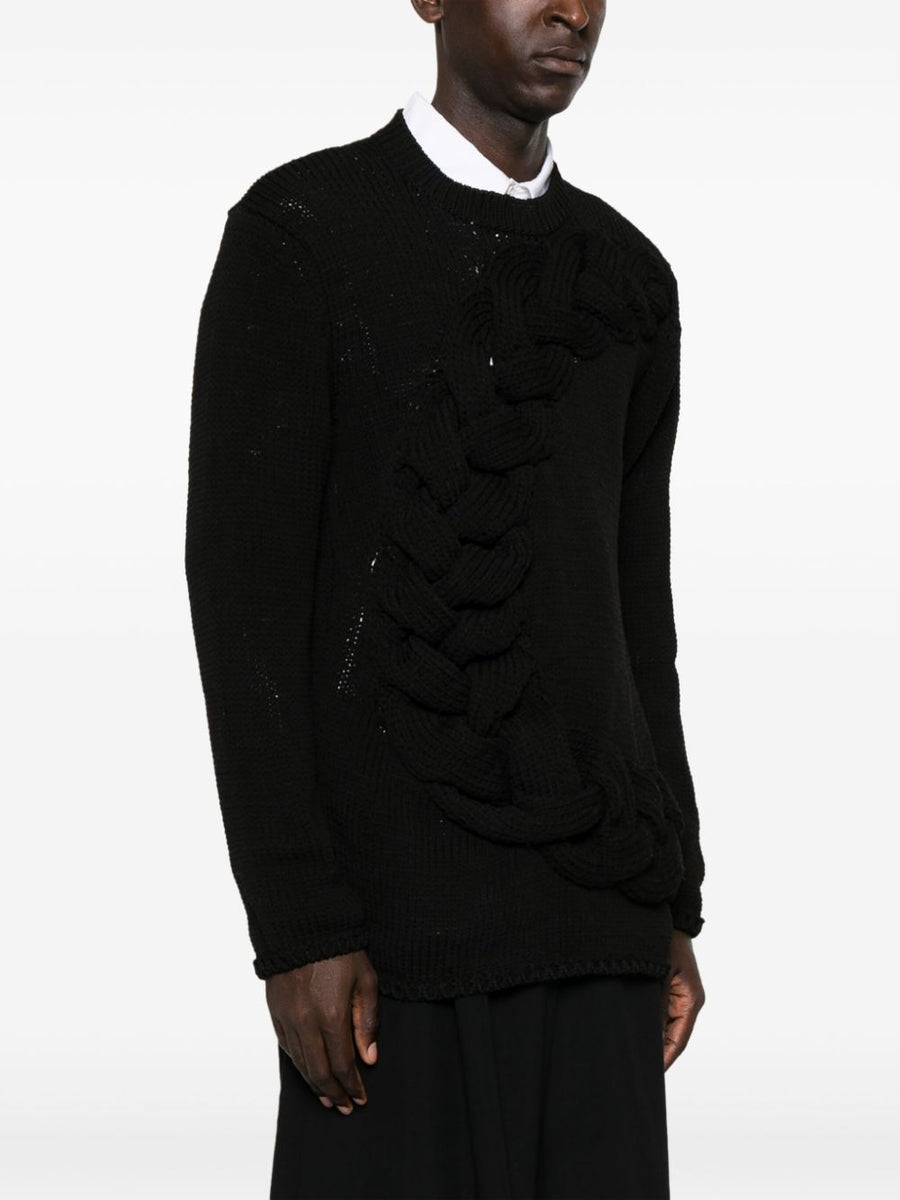 Homme Plus Cable Knit Crewneck Sweater For Men With Luxurious Chunky Texture And Relaxed Fit Black