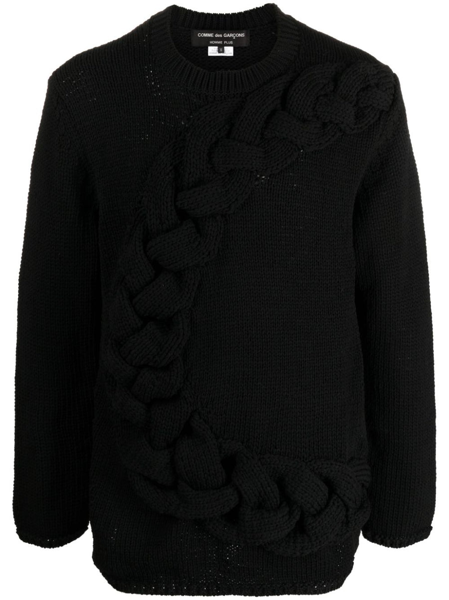 Homme Plus Cable Knit Crewneck Sweater For Men With Luxurious Chunky Texture And Relaxed Fit Black