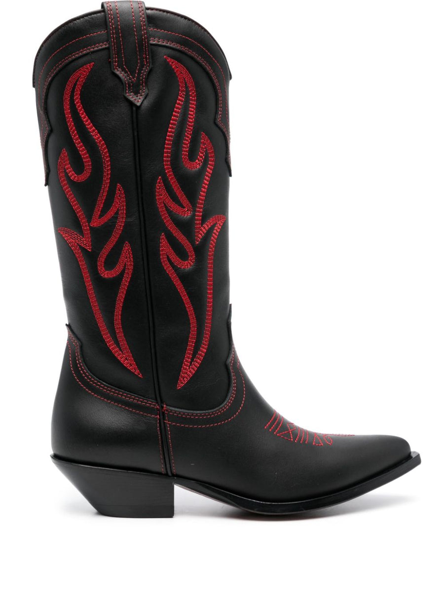Sonora Santa Fe Cowboy Boots For Women Jet Black Calf Leather With Embroidery And Pull On Dressy Western Style