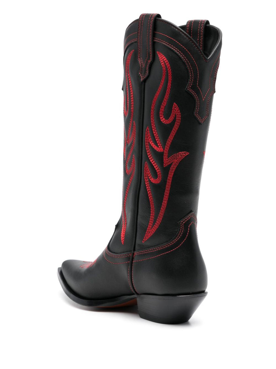 Sonora Santa Fe Cowboy Boots For Women Jet Black Calf Leather With Embroidery And Pull On Dressy Western Style