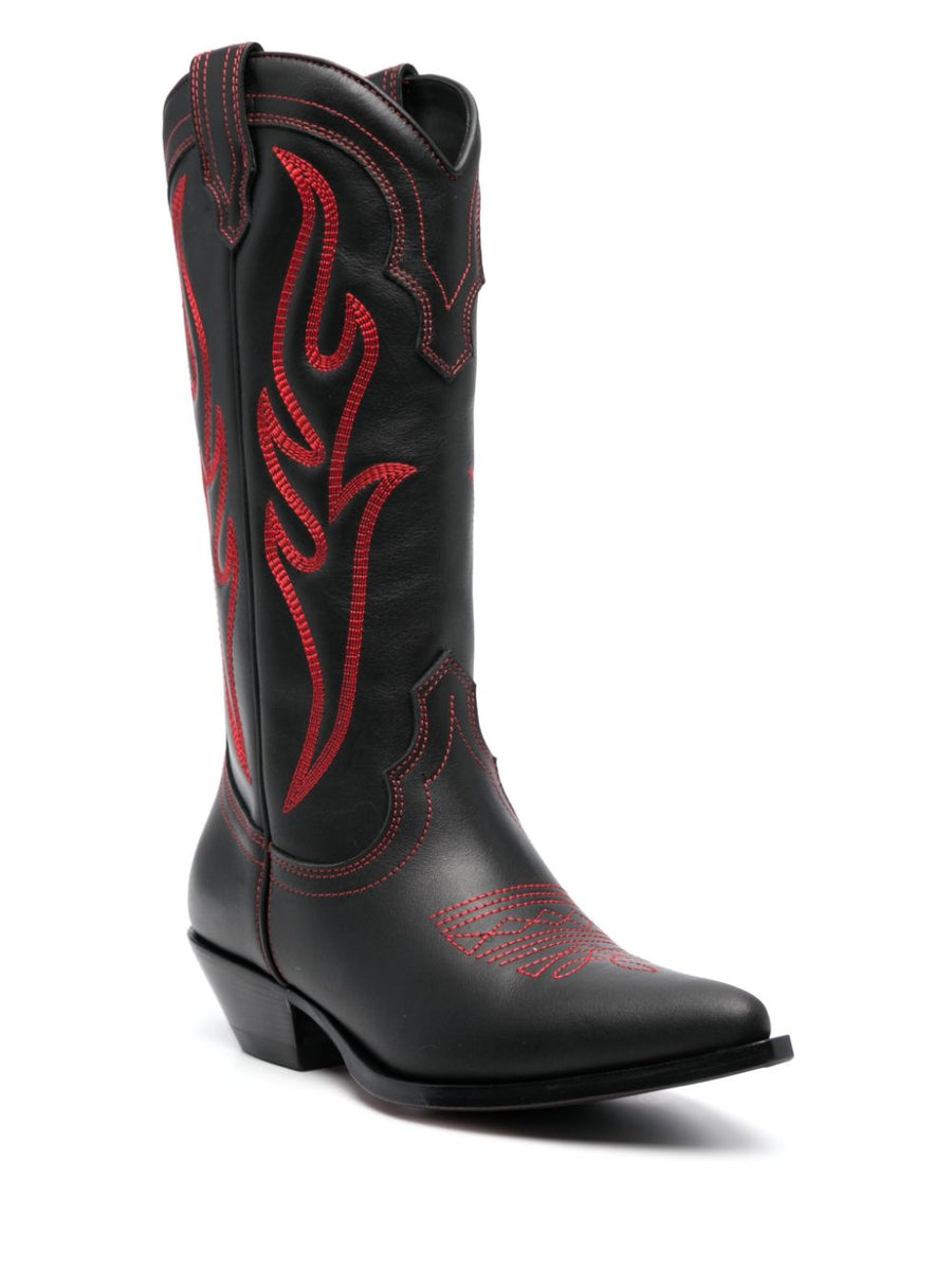 Sonora Santa Fe Cowboy Boots For Women Jet Black Calf Leather With Embroidery And Pull On Dressy Western Style