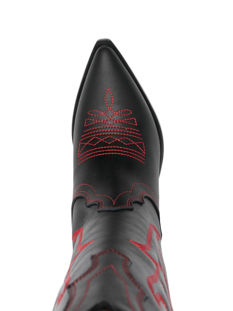 Sonora Santa Fe Cowboy Boots For Women Jet Black Calf Leather With Embroidery And Pull On Dressy Western Style