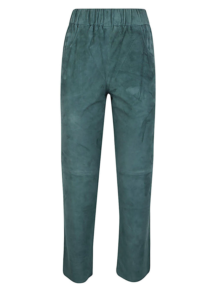 Via Masini 80 Green Suede Trousers For Women With Elastic Waist Tailored Versatile Office To Weekend