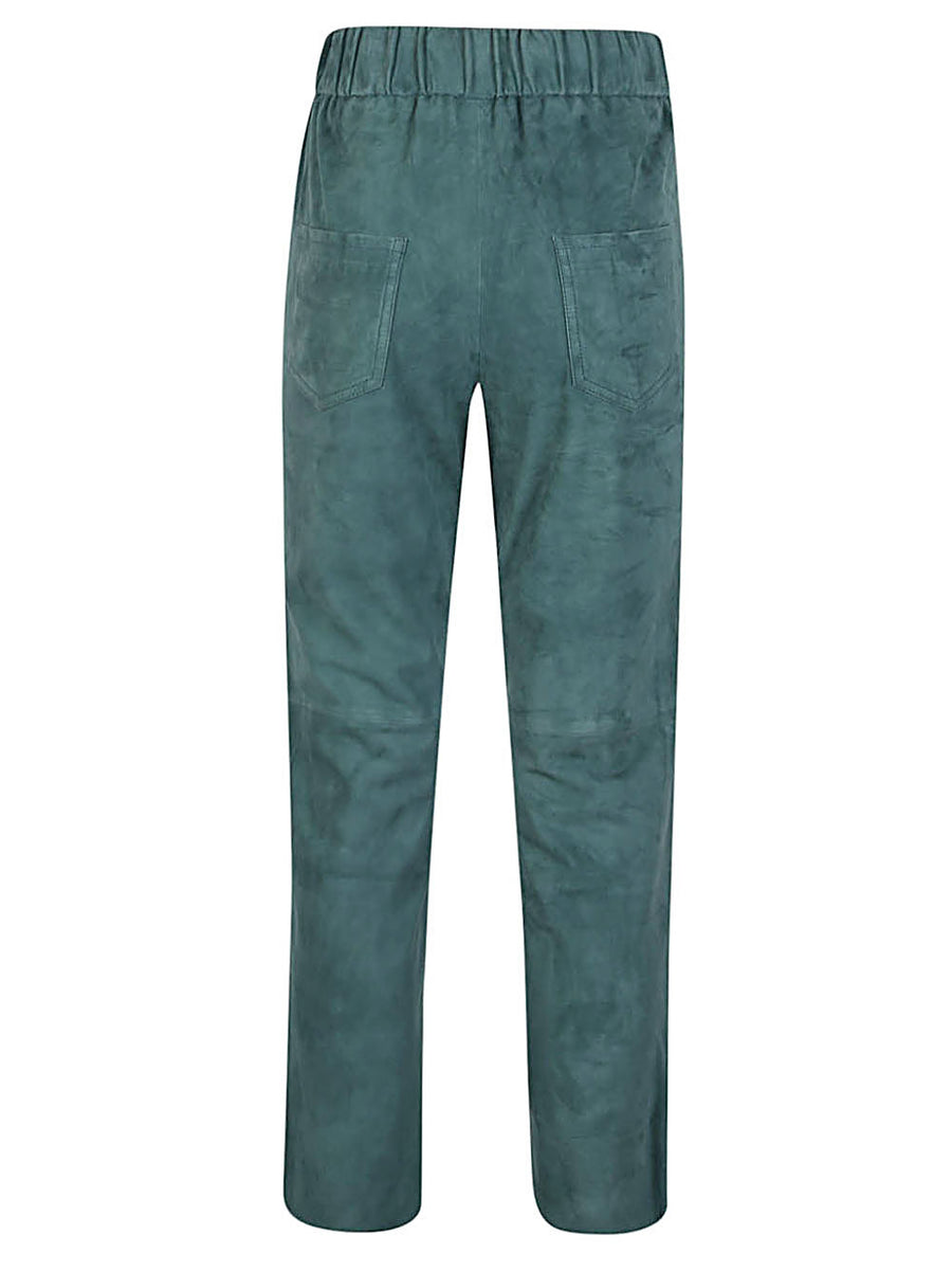Via Masini 80 Green Suede Trousers For Women With Elastic Waist Tailored Versatile Office To Weekend