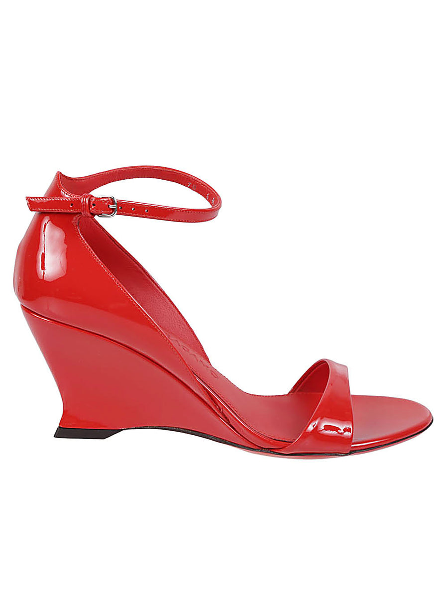 Ferragamo Leather Wedge Sandals Open Toe Red Calfskin Sculpted Wedge Luxury For Women