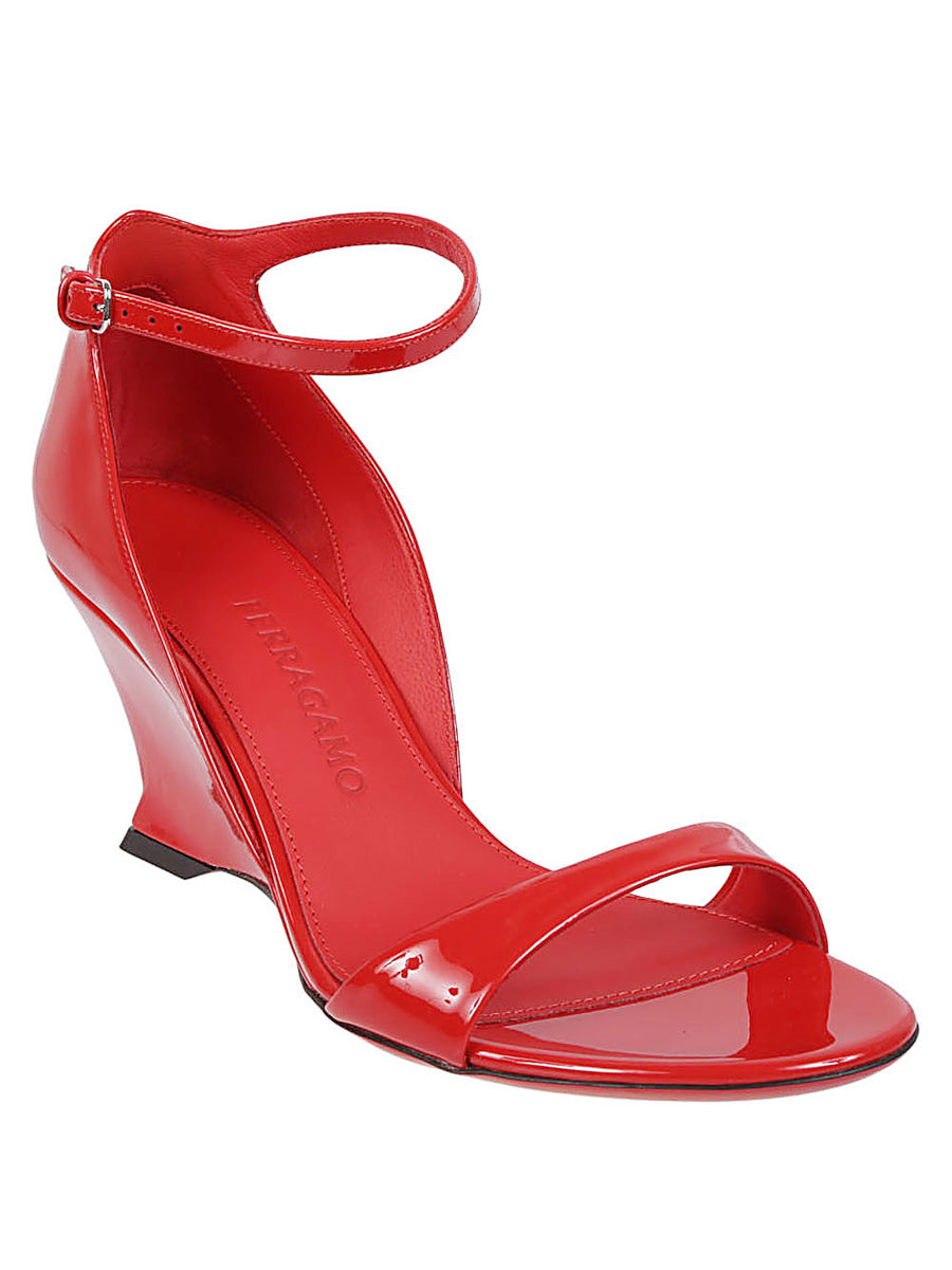 Ferragamo Leather Wedge Sandals Open Toe Red Calfskin Sculpted Wedge Luxury For Women