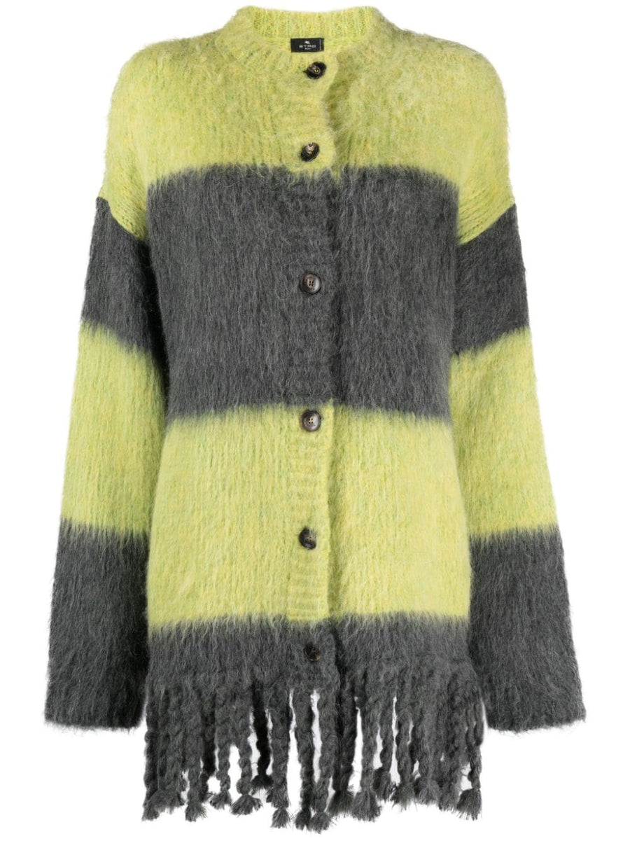 Etro Striped Alpaca Wool Cardigan For Women, Luxe Fringe Knit, Long Length, Yellow Grey