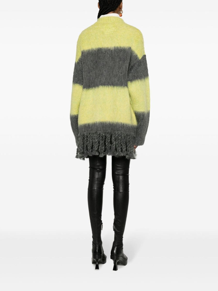 Etro Striped Alpaca Wool Cardigan For Women, Luxe Fringe Knit, Long Length, Yellow Grey