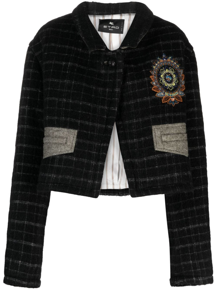 Etro Checked Crop Wool Jacket For Women With Floral Embroidery Luxe Wool Blend Day To Night Versatility