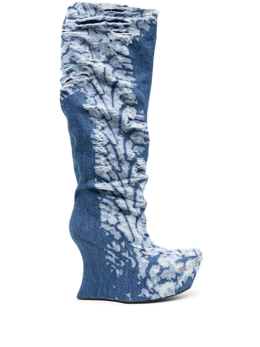 Masha Popova Denim Boots For Women Indigo Worn In Distressed Below Knee Heeled Shoes