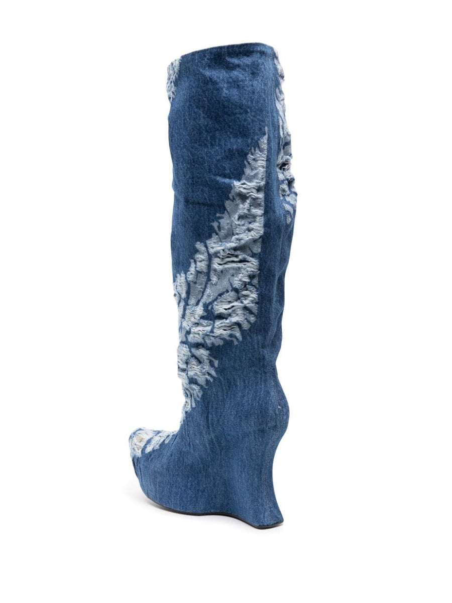 Masha Popova Denim Boots For Women Indigo Worn In Distressed Below Knee Heeled Shoes