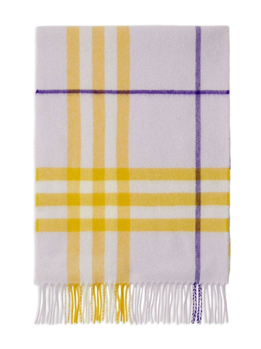 Burberry Giant Check Cashmere Scarf Fringed Edge Heritage Craftsmanship For Women Sunflower Yellow Lilac