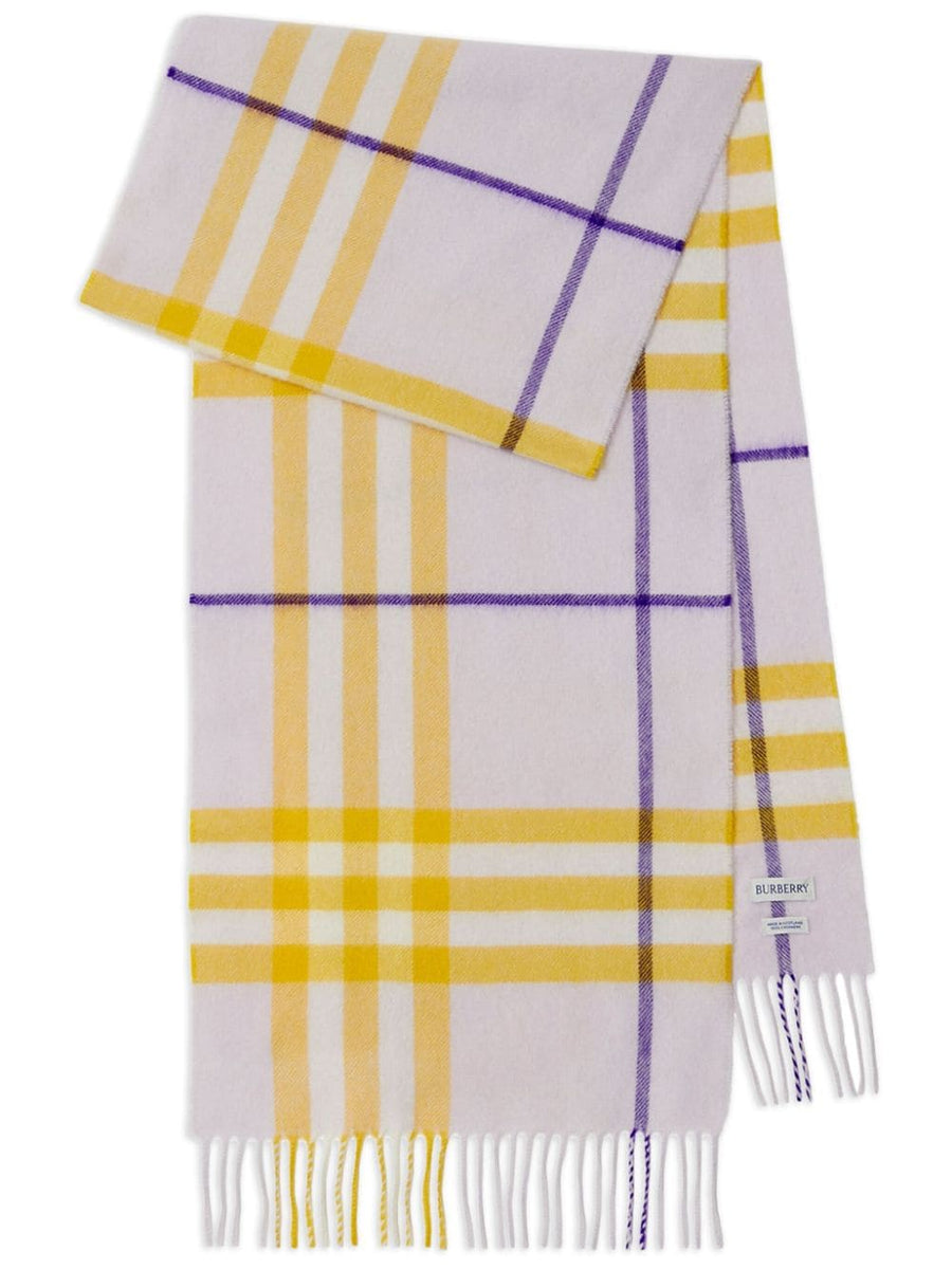 Burberry Giant Check Cashmere Scarf Fringed Edge Heritage Craftsmanship For Women Sunflower Yellow Lilac