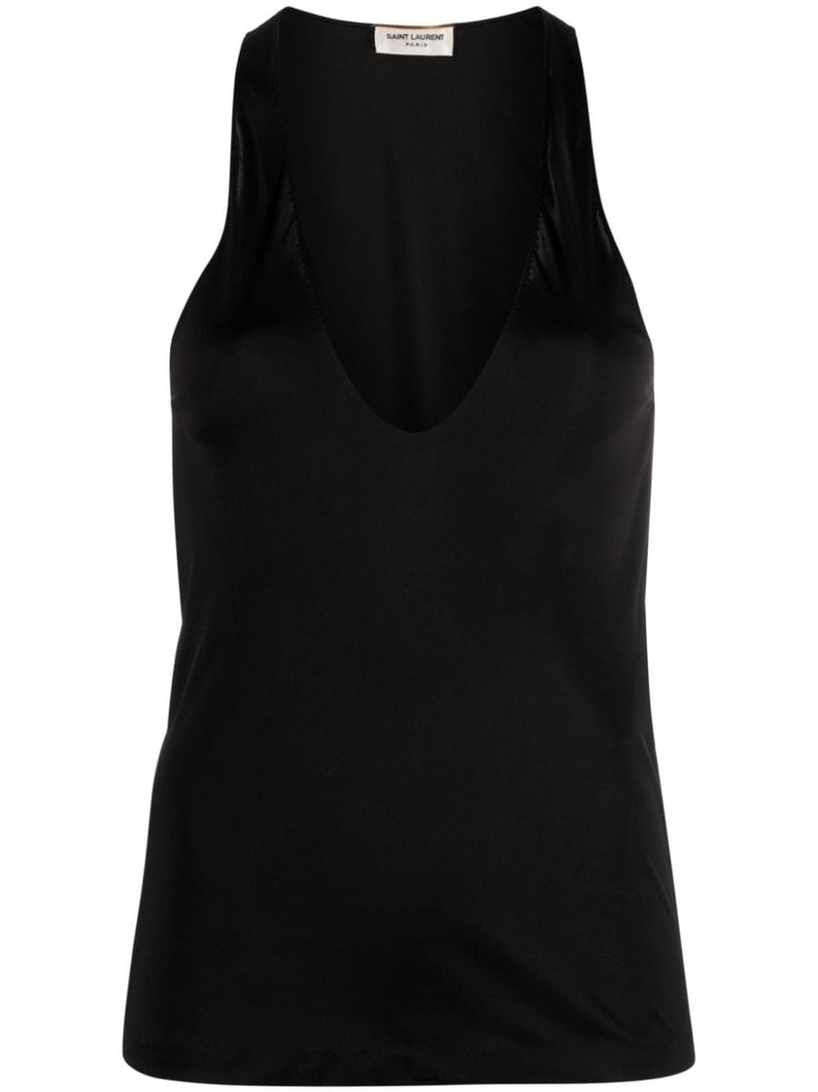 Saint Laurent Plunging Satin Tank Top for Women, Semi-Sheer Jersey, Deep U-Neck, Evening Luxe