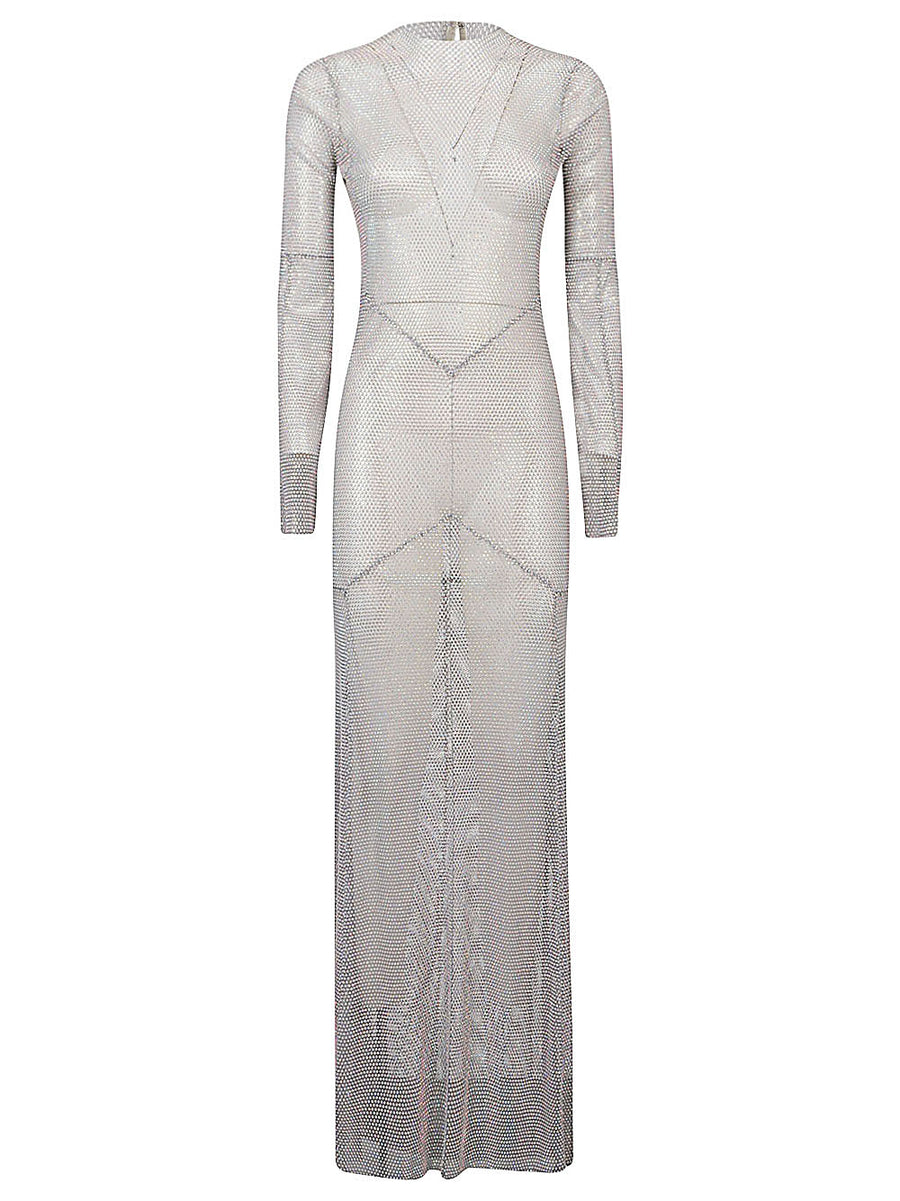Santa Brand Open Back Maxi Dress With Rhinestones For Women Evening Wear Luxurious Silver