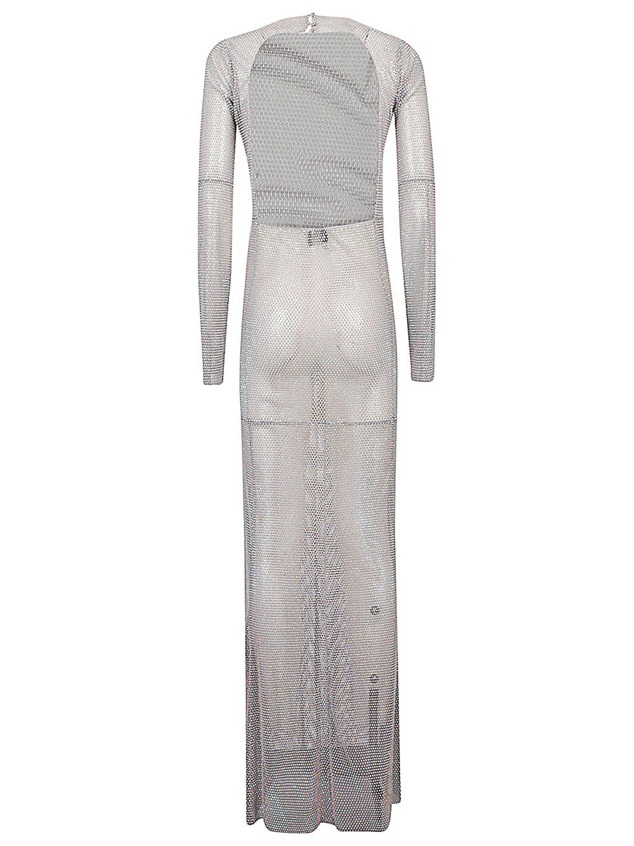 Santa Brand Open Back Maxi Dress With Rhinestones For Women Evening Wear Luxurious Silver