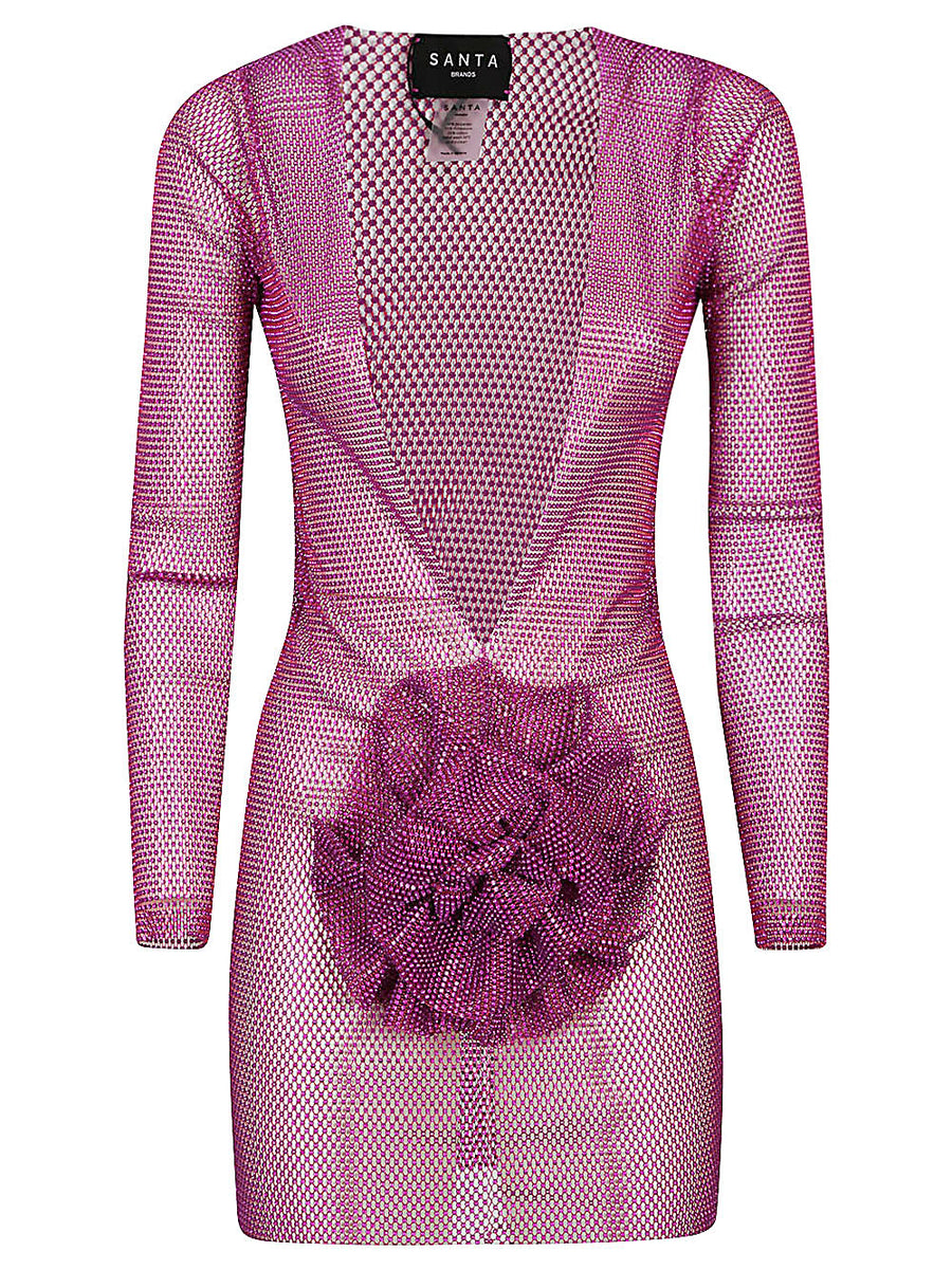 Santa Brand Flower Applique Mini Dress For Women Fuchsia Rhinestone Accents Deep V Neck Party Eveningwear