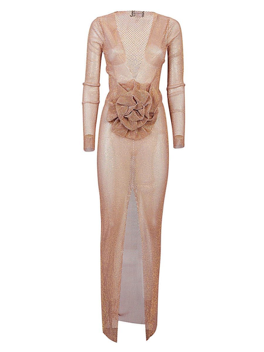 Santa Brand Elegant Flower Applique Long Dress with Front Floral Accent Beige Rhinestone Details for Women