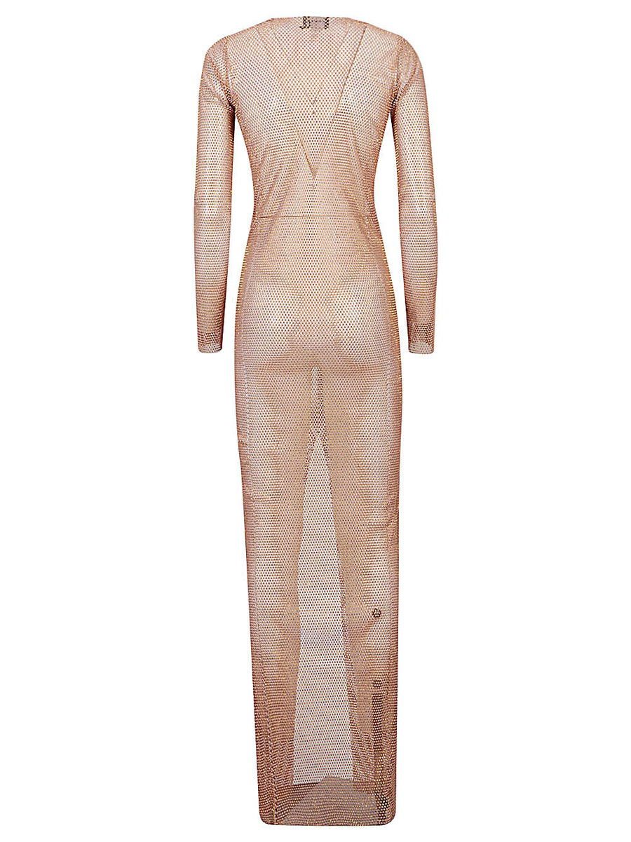 Santa Brand Elegant Flower Applique Long Dress with Front Floral Accent Beige Rhinestone Details for Women